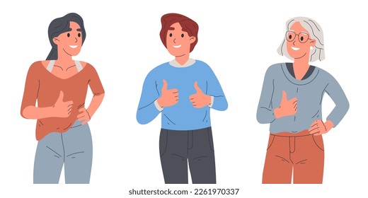 People show thumbs up signs. Cheerful man and women with positive like approval gestures, happy person body language flat cartoon vector illustration