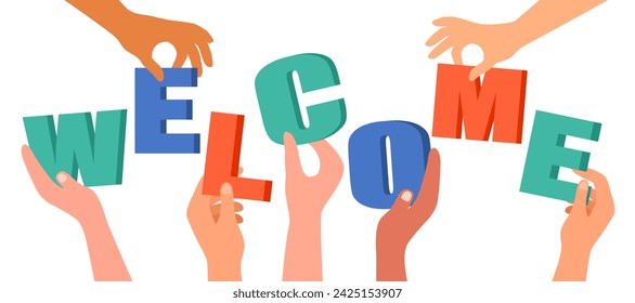 People show welcome message via text sign in flat design on white background.