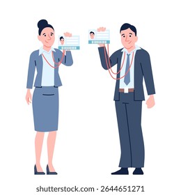 People show work id badges. Man and woman hold personal cards with photos. Office entry pass, managers personality verify docs, recent vector characters