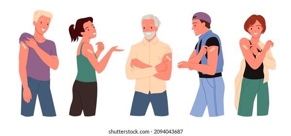 People Showing Arm With Bandage After Vaccination Vector Illustration Set. Cartoon Vaccinated Happy Woman, Man And Teen Characters After Inoculation With Antivirus Vaccine, Adhesive Plaster On Hand