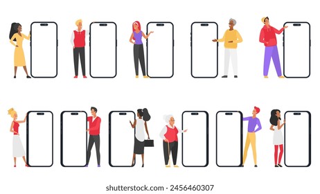 People showing big mobile phones set. Tiny male and female characters standing at giant smartphones with empty screen, happy woman and man users pointing on cellphone cartoon vector illustration