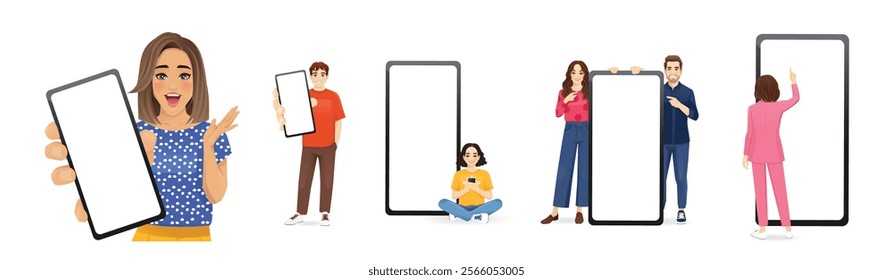 People showing blank phone screen. Men and women in different poses with smartphones. Isolated vector illustration set