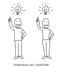 People showing bright idea concept and light bulb above heads in hand drawn style. All elements isolated and white filled.