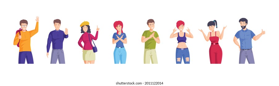 People showing different gesture. Man woman performing emotional expression with hands, negative positive emotions. Person demonstrate don't know, hi, attention, stop,no, like, sucess cartoon vector