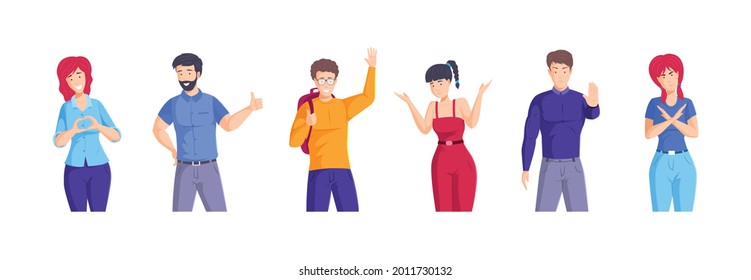 People showing different gestures. Man woman performing emotional expression with hands, negative positive emotions. Person demonstrates sing stop, like, hello, don't come near, don't know, hand heart