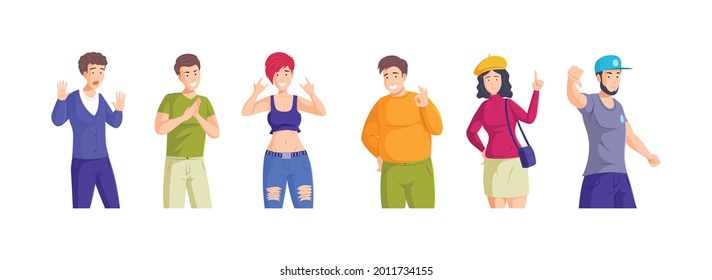  People showing different gestures. Man woman performing emotional expression with hands, negative positive emotions. Person demonstrates sing success, rock, ok, attention, dislikes, thumbs down vecto