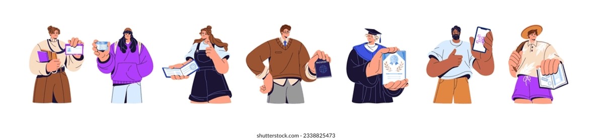 People showing documents set. Men and women with id card, passport, badge, certificate, qrcode. Student graduate get diploma. Tourist go to travel by visa. Flat isolated vector illustration on white