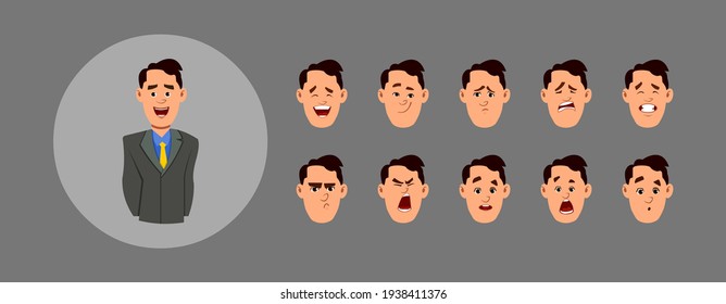 People Showing Emotions. Young Man Cartoon Character With Different Type Of Facial Expressions For Your Design, Motion And Animation