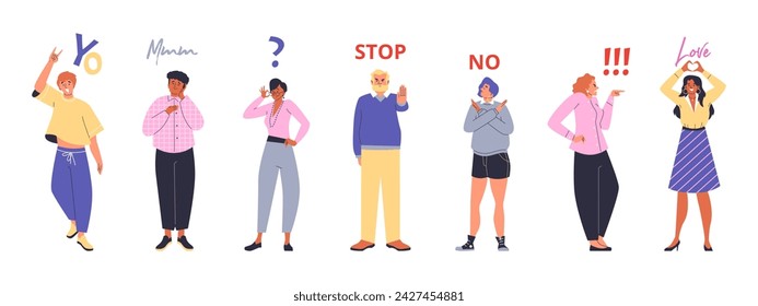 People showing gesture emotions vector set. Hand and finger signs, body language. Cartoon characters feeling different positive and negative expression, love, stop, question