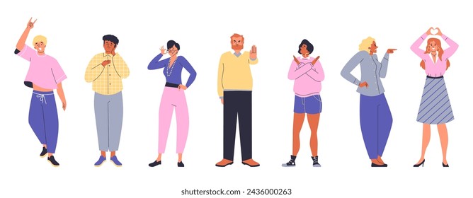 People showing gesture emotions vector set. Hand and finger signs, body language. Cartoon characters feeling different positive and negative expression, agreement and denial, joy and anger