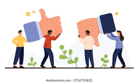 Personas que muestran los Grandes pulgares hacia arriba y los pulgares hacia abajo que representan el concepto de Comentarios positivo y negativo, opiniones de evaluación de trabajo en equipo aislado en la Ilustración vectorial de fondo blanco