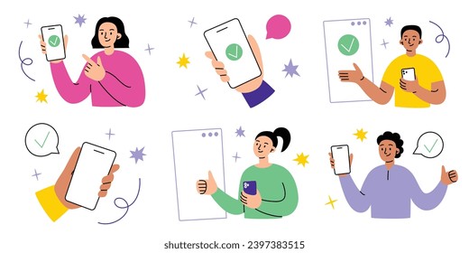 People showing mobile phone screens set. Men, women holding smartphone, cellphone displays with success icon. Empty screen advertisement. Mobile phone mock-ups set for app usage. Vector illustrations