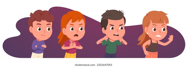 People showing negative gestures of rejection. Displeased girls, boys kids persons disagree gesturing with thumbs down, stop sign, crossing hands. Denial emotion expression flat vector illustration