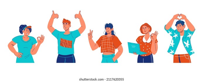 People showing OK and finger up gesture of satisfaction and approval. Well done and good work concept. Positive good emotions and success, flat cartoon vector illustration isolated on white background