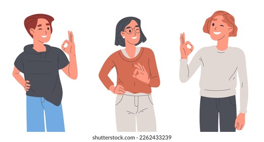 Gente mostrando señales correctas. Carácter masculino y femenino con gesto positivo, amigos sonrientes lenguaje corporal ilustración vectorial plana sobre fondo blanco