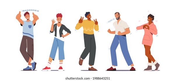 People Showing Positive Gestures. Happy Young Male and Female Characters Show Thumb Up, Ok Symbol, Victory, Yeah and Heart Gesturing. Happiness Emotions, Language. Cartoon People Vector Illustration