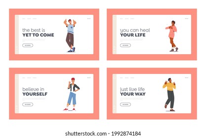 Gente Que Muestra Gestos Positivos Landing Page Template Set. Los personajes felices muestran el dedo arriba, bien, victoria, sí y gestos del corazón. Emociones de felicidad, lenguaje. Ilustración de vectores de personas de caricatura