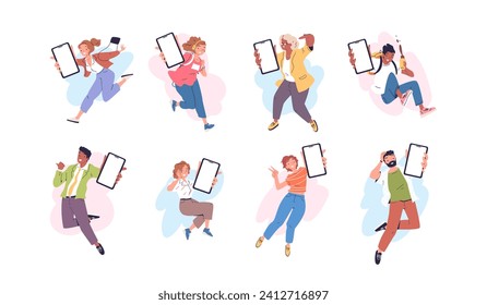 Personas mostrando smartphone. Hombre persona mostrar pantalla en blanco para el teléfono inteligente para que el usuario elija publicidad, mujer feliz sosteniendo un cierre de pantalla táctil, ilustración vectorial de clase