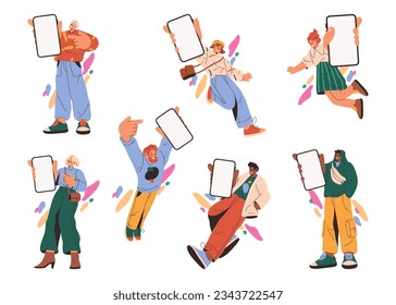 People showing smartphones with blank screens, flat cartoon vector illustration set. Isolated men and women with mobile phones with blank monitors, mockups for advertising or copy space