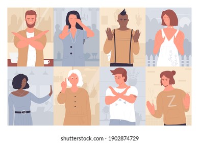 People showing stop hand gestures vector illustration set. Cartoon young and old man woman character standing, posing in reject negative warning pose, boycott gesture expression background collection