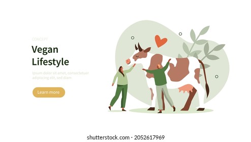 People Showing Their Love To Animals And Hugging A Cow. Friendship Between Humans And Animals. Vegan Lifestyle And Nature Respect Concept. Flat Cartoon Vector Illustration.