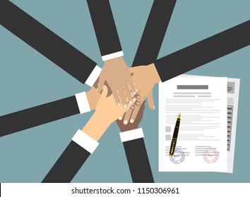 People showing unity with their hands together. Crossed hands and agreement paper. Business team work cooperation and partnership. Vector illustration flat style.