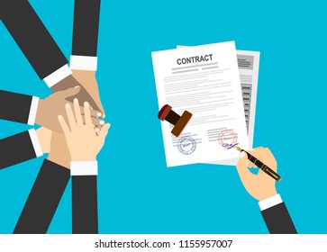 Gente mostrando unidad con sus manos juntas. Manos cruzadas y papel de acuerdo. Cooperación y asociación de trabajo del equipo empresarial. Estilo plano de ilustración vectorial.