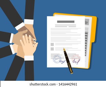 People showing unity with their hands together. Crossed hands and agreement paper. Business team work cooperation and partnership. Vector illustration flat style. 