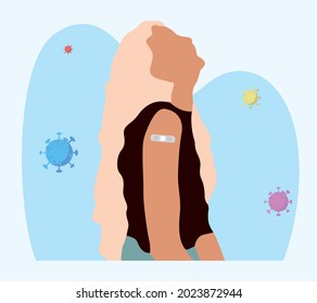 People Showing Vaccinated Arm. Vaccine distribution for general population concept illustration. Process of immunization against covid-19. Healthcare, coronavirus, prevention and immunize.	