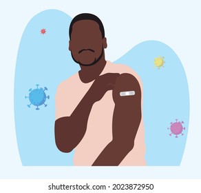 People Showing Vaccinated Arm. Vaccine distribution for general population concept illustration. Process of immunization against covid-19. Healthcare, coronavirus, prevention and immunize.	