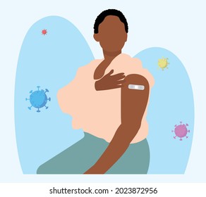 People Showing Vaccinated Arm. Vaccine distribution for general population concept illustration. Process of immunization against covid-19. Healthcare, coronavirus, prevention and immunize.	
