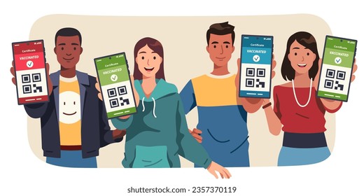 People showing vaccination certificate QR code on mobile phone screen. Men and women persons with coronavirus vaccine status passport on smartphone. Identification pass app flat vector illustration