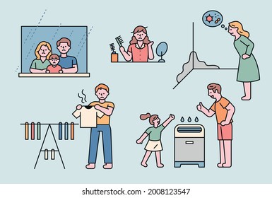 People showing various problems in the house on a rainy day. outline simple vector illustration.