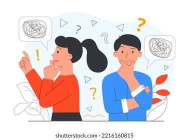 People shrugging concept. Man and woman trying to solve problem, thoughtfulness and uncertainty. Emotions and facial expressions, frustration. Poster or banner. Cartoon flat vector illustration