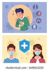 people sick and face masks with covid19 particles vector illustration design
