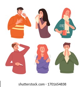 People sick ill cold flu illness symptoms isolated characters set. Vector flat cartoon graphic design illustration
