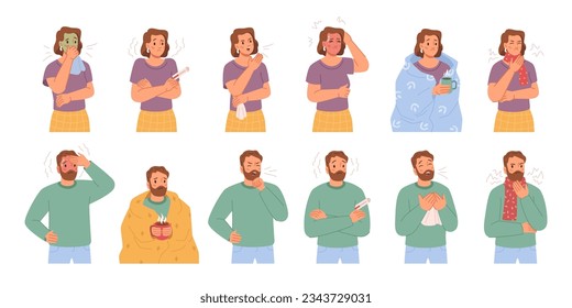 People with sick symptoms flat cartoon people feeling unwell. Coughing man and woman, headache and taking medicine. Different characters having cold, seasonal flu, high temperature, running nose