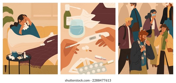 People with sick symptoms at home and on a street, vector posters set. Cold and flu season. Woman in bed having cold, fever, running nose, coughing and taking medicine drugs. Covid crowd