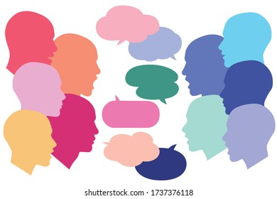 People Side Face Silhouette Talk With Speech Bubble , Vector Illustration 