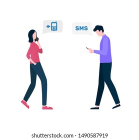 People side view, communication with wireless device phone, woman going and talking on smartphone, man tapping message, incoming call and sms vector