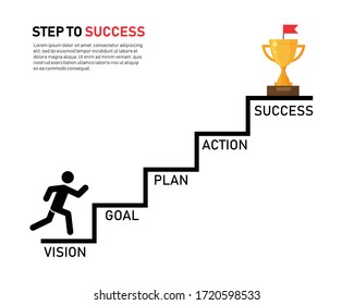 people sign climbing stairs vision, goal, plan, action and success. 5 step to success. business and finance concept. vector illustration in flat design. isolated on white background.