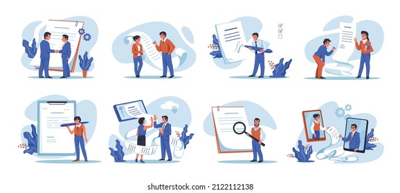 People sign document. Characters signing contract and setting arrangement. Businessmen communication and handshake. Online negotiation. Pen and papers. Vector deal with legal signature set
