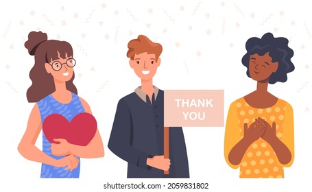 People with sign thank you. Set of grateful characters. Collections of happy persons. Smiling man and girl with heart in their hands. Cartoon flat vector illustration isolated on white background