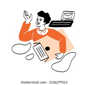 La gente firma el concepto abstracto del contrato. Joven sostiene un sobre con documentos para llegar a un acuerdo. Metáfora de la transacción en línea. Dibujo vectorial plano de dibujos animados en estilo de arte en línea
