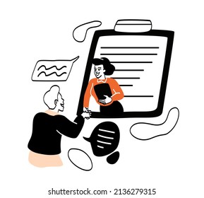 People signing contract abstract concept. Young man and woman shake hands as sign of deal or business partnership. Employment Agreement. Cartoon modern flat vector illustration in line art style