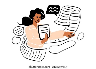 La gente firma el concepto abstracto del contrato. Joven sostiene el documento y lo muestra. Metáfora para concertar un acuerdo, asociación o acuerdo. Dibujo vectorial plano de dibujos animados en estilo de arte en línea