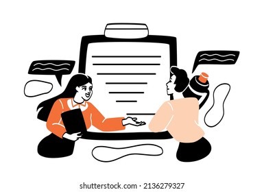 La gente firma el concepto abstracto del contrato. El hombre sostiene un bolígrafo y firma un contrato con un banco o inversor. Metáfora de la transacción comercial o del acuerdo. Dibujo vectorial plano de dibujos animados en estilo de arte en línea