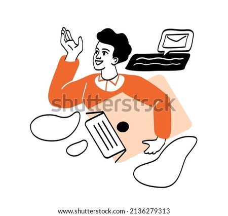 People signing contract abstract concept. Young man holds envelope with documents for concluding agreement. Metaphor of online transaction. Cartoon flat vector illustration in line art style