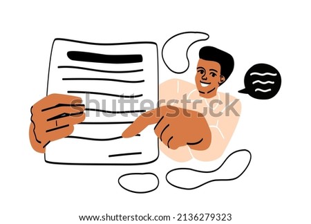 People signing contract abstract concept. Young man holds contract and shows signature field. Entrepreneur enters into deal or business agreement. Cartoon flat vector illustration in line art style