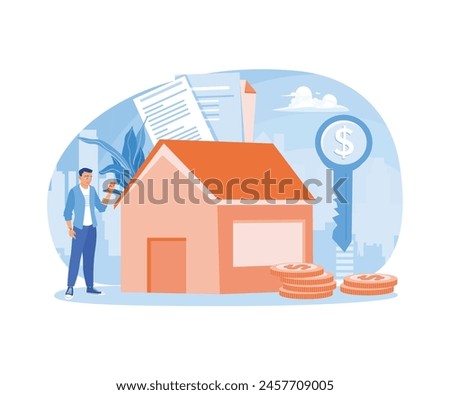 People are signing contract documents. Receive house keys from the property agent. Mortgage process concept. Flat vector illustration.